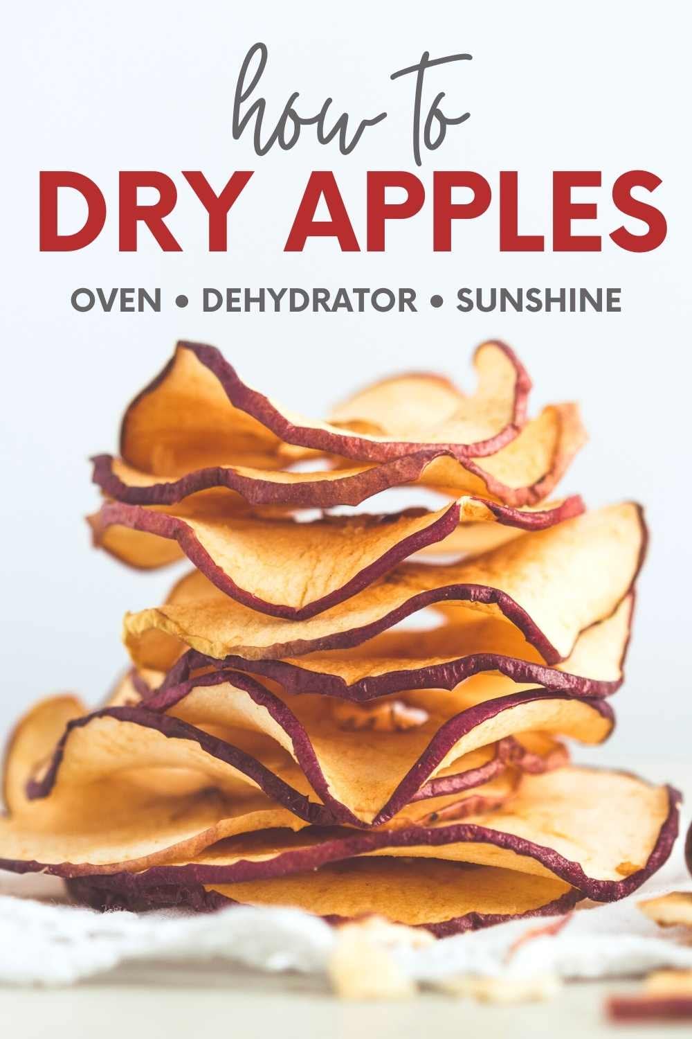 A stack of dried apple slices on a white background. A text overlay reads, "How to Dry Apples. Oven, Dehydrator, Sunshine."