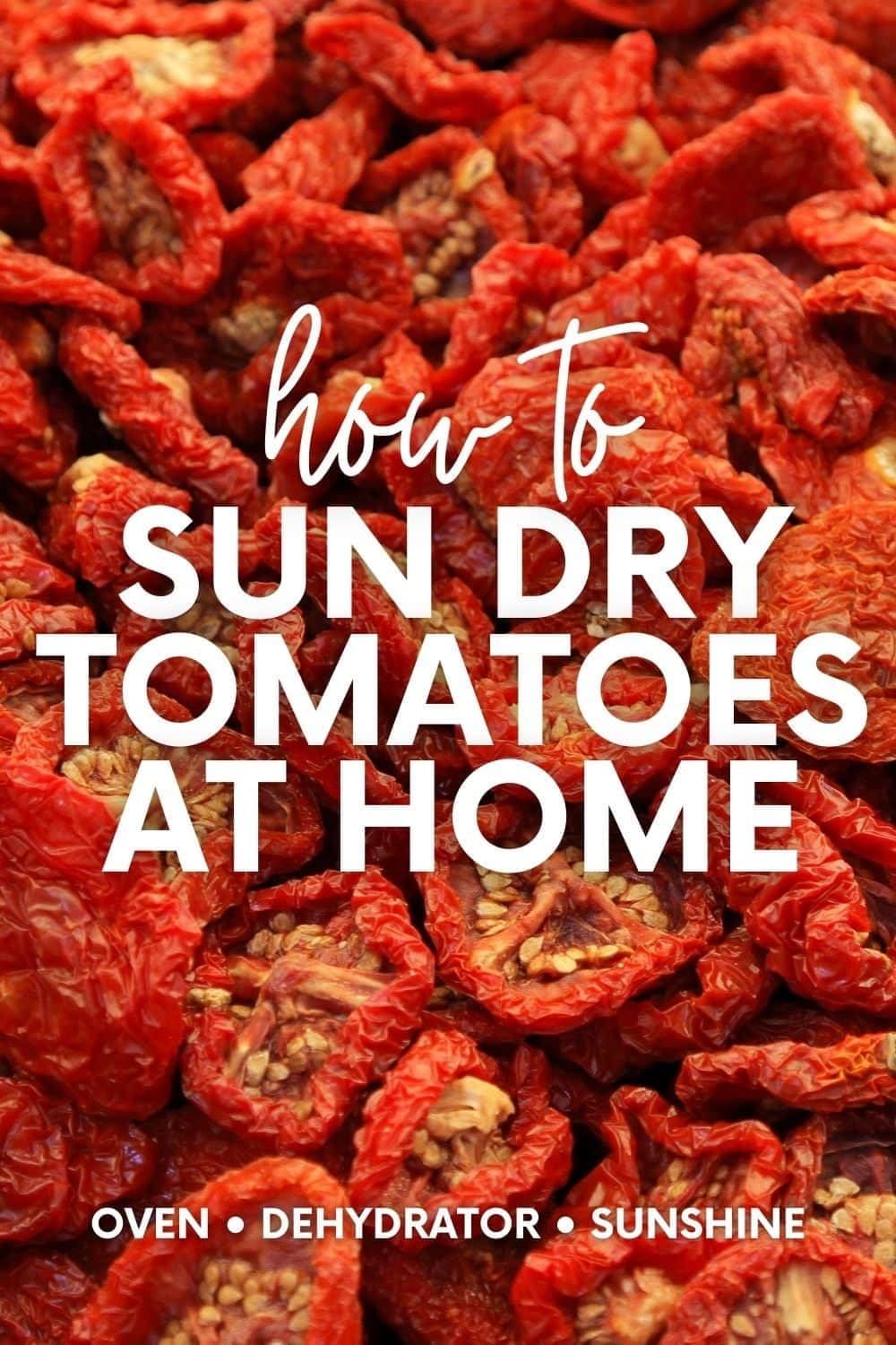 A big pile of sundried tomatoes close-up. A text overlay reads, "How to Sun Dry Tomatoes at Home. Oven, Dehydrator, Sunshine."