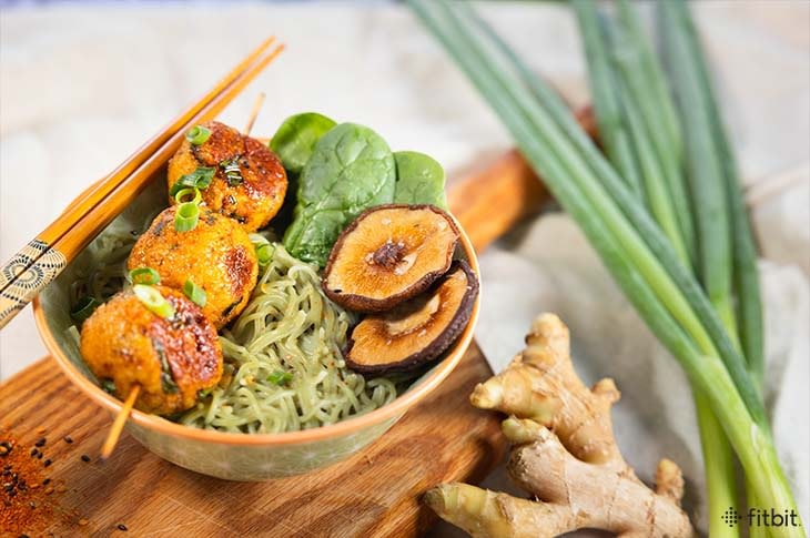 Healthy Recipe: Rice Noodle Ramen with Bok Choy and Chicken Tsukune Meatballs