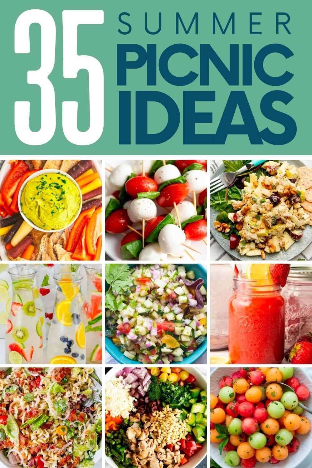 Collage of nine recipes perfect for your next picnic. A text overlay reads, "35 Summer Picnic Ideas."
