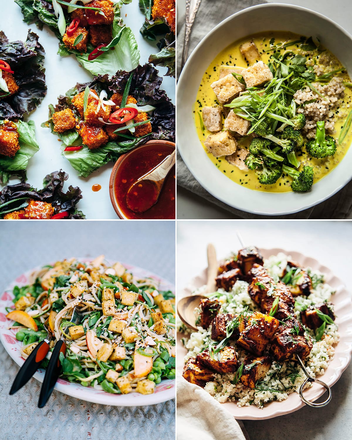 A grid shows 4 vegan tofu recipes: coconut tofu lettuce wraps, golden coconut broth bowls with tofu and vegetables, a veg noodle salad with seared tofu, and grilled tofu and pineapple skewers